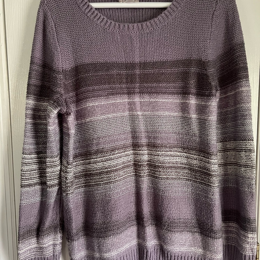 LOFT Purple and Gray Crew Neck Sweater with Stripes